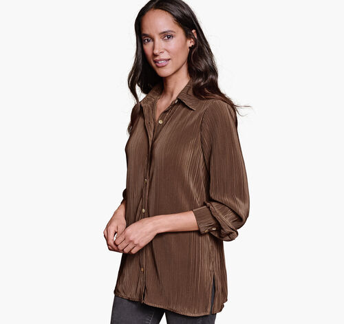 Pleated Button-Front Shirt - Brown