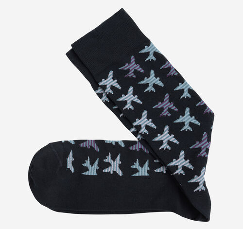 Space Dye Socks - Navy Striped Airplane Icon