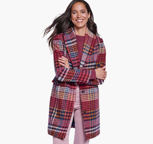 Shawl-Collar Plaid Coat - Berry/Navy