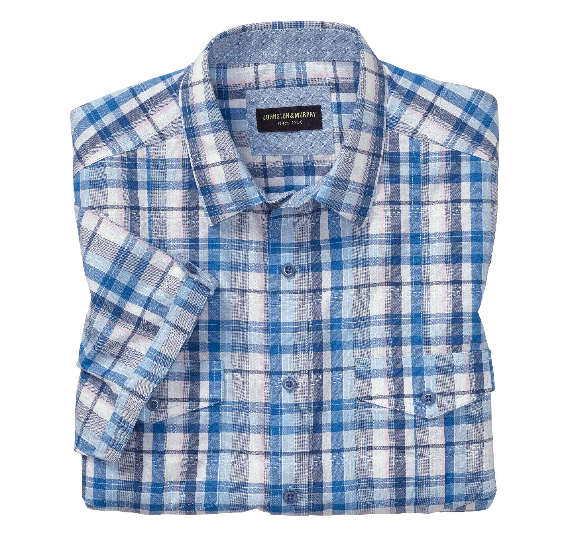 Raised Plaid Double-Pocket Short-Sleeve 