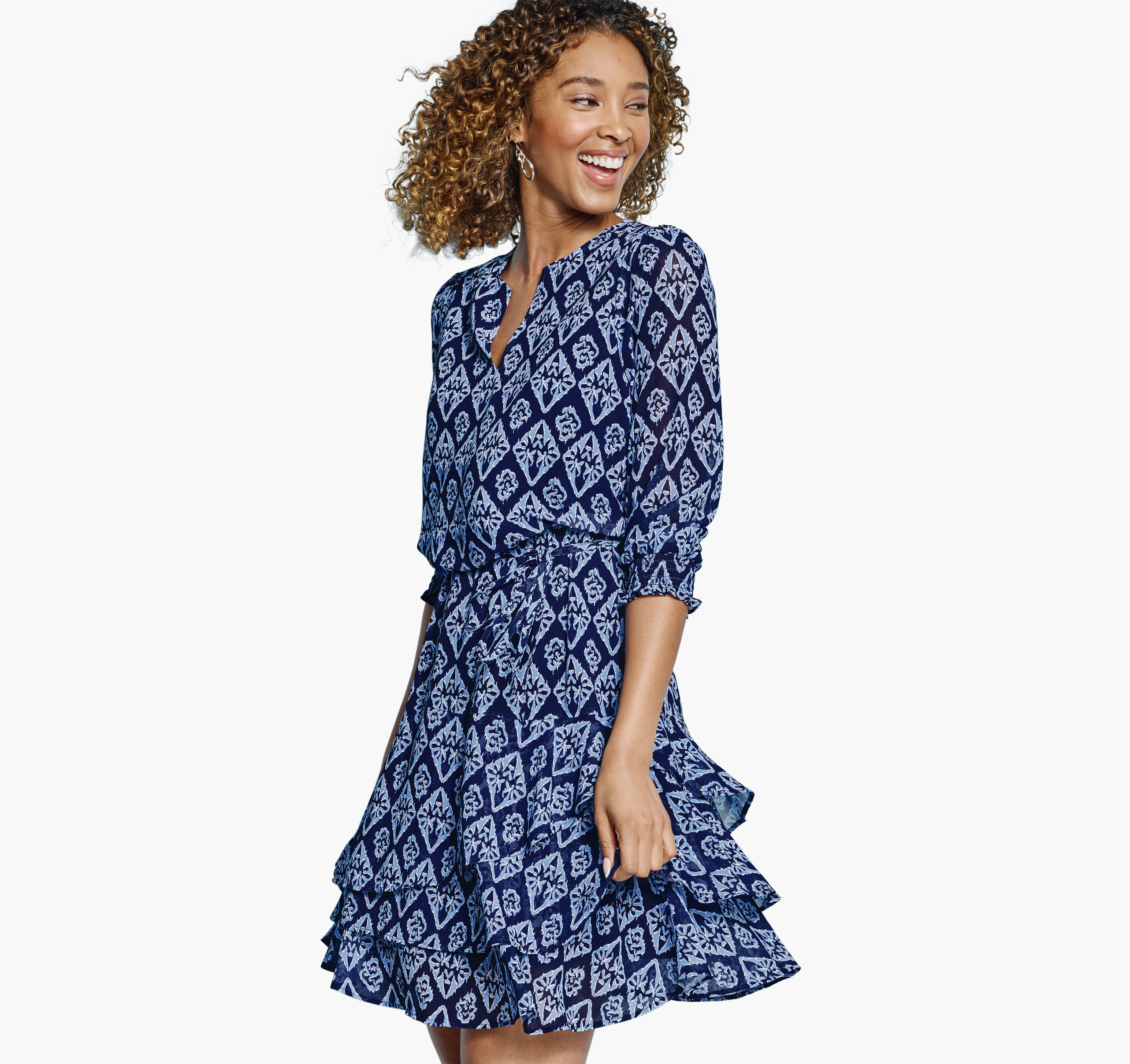 Tiered V-Neck Print Dress